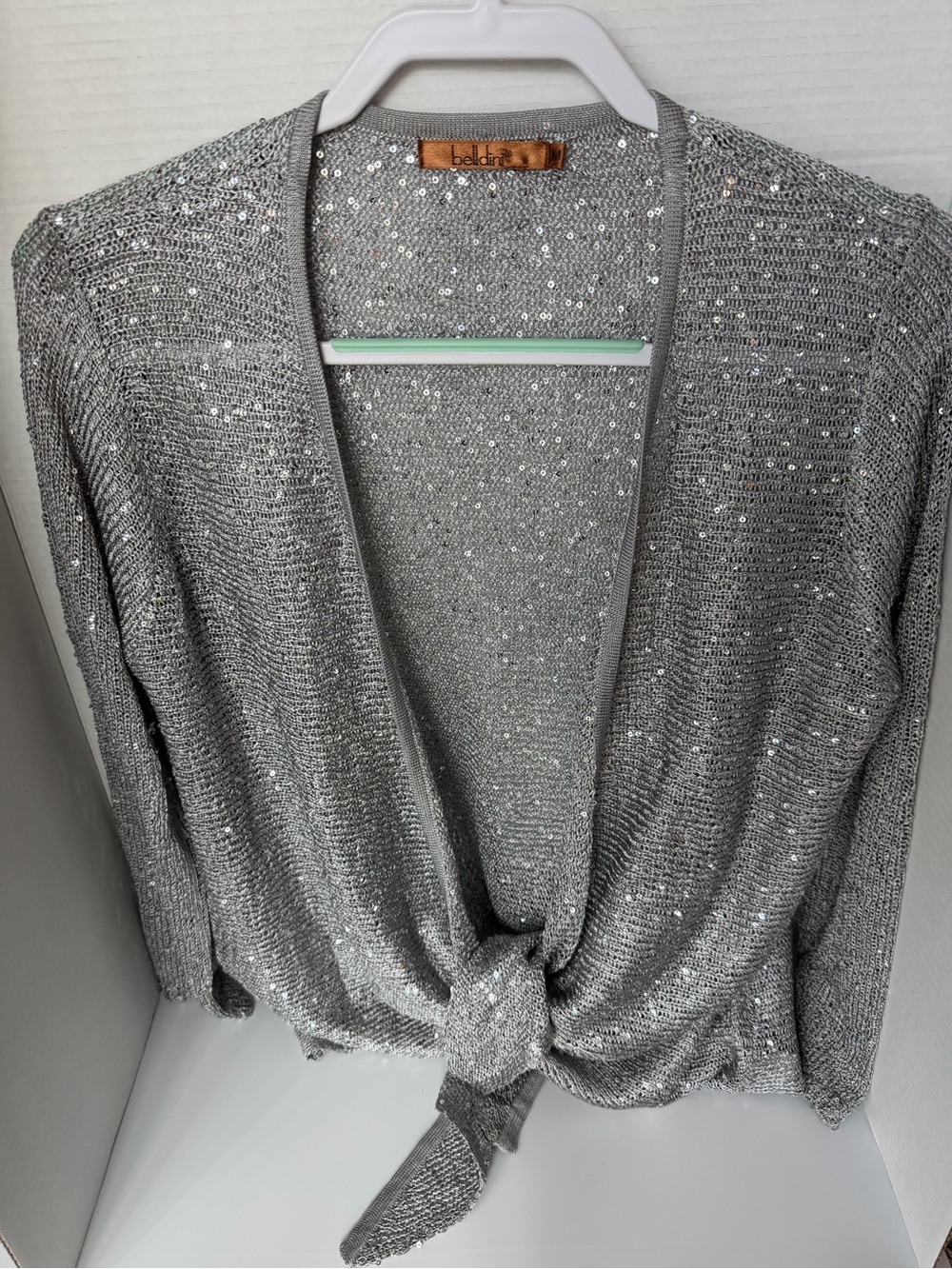 Belldini Silver Sequin Tie-Front Cardigan
